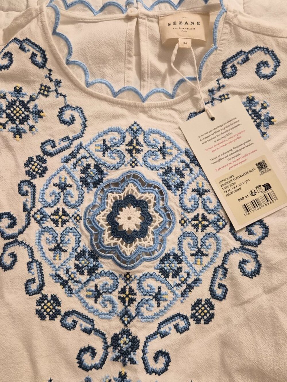 Sezane Anneclaire Blouse Ecru with Contrasting Blue Embroidery US2 EU34 - Picture 8 of 9
